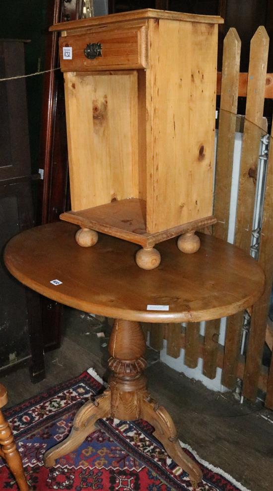 Pine oval tripod table & a bedside cabinet(-)